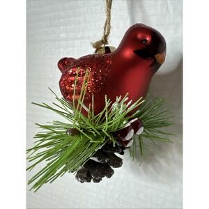 Red Cardinal Bird Glass Ornament Pine Cone Christmas 3.5" Orn78